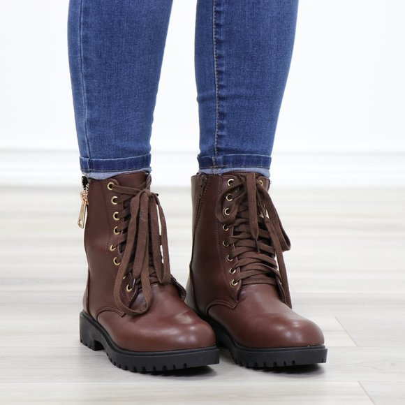 Faux leather brown laced up combat boots - Picture 11 of 11
